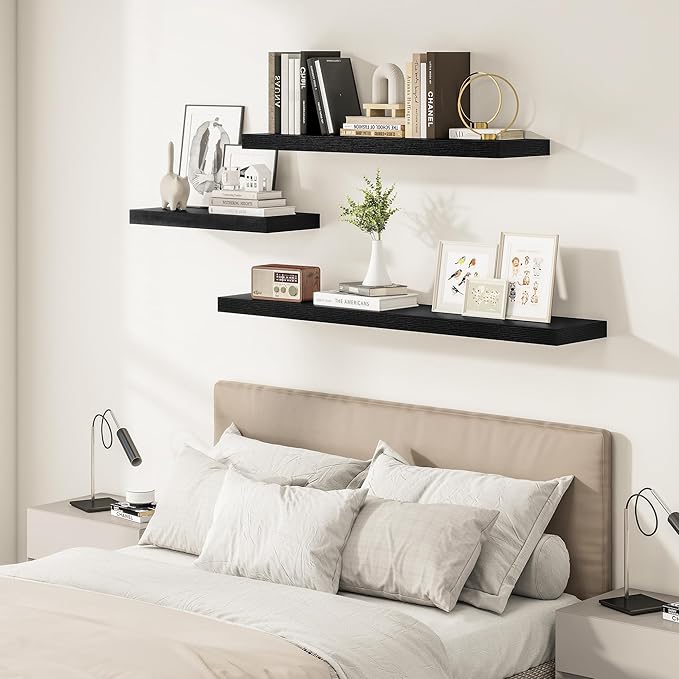 Black Floating Shelves for Wall 55 Inches Long, 12" Deep Wall Shelves 2" Thick, Heavy Duty Shelf for Bedroom, Bathroom, Living Room, Kitchen, Office, Home Decor, Modern Shelf Set of 2, 55" X 12" X 2"