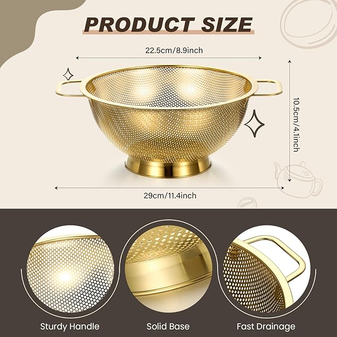 Norme 3 Quart Stainless Steel Gold Colander Gold Fine Mesh Strainer, Stainless Steel Pasta Rice Food Metal Strainer with Handles, Easy Clean and Dishwasher Safe