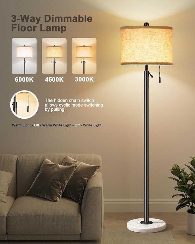 Floor Lamp for Living Room - Adjustable Height Standing Lamp with Marble Base & Linen Shade - Tall Pole Floor Light with 3 Color Temperatures Bulb for Bedroom, Reading - Easy Assembly