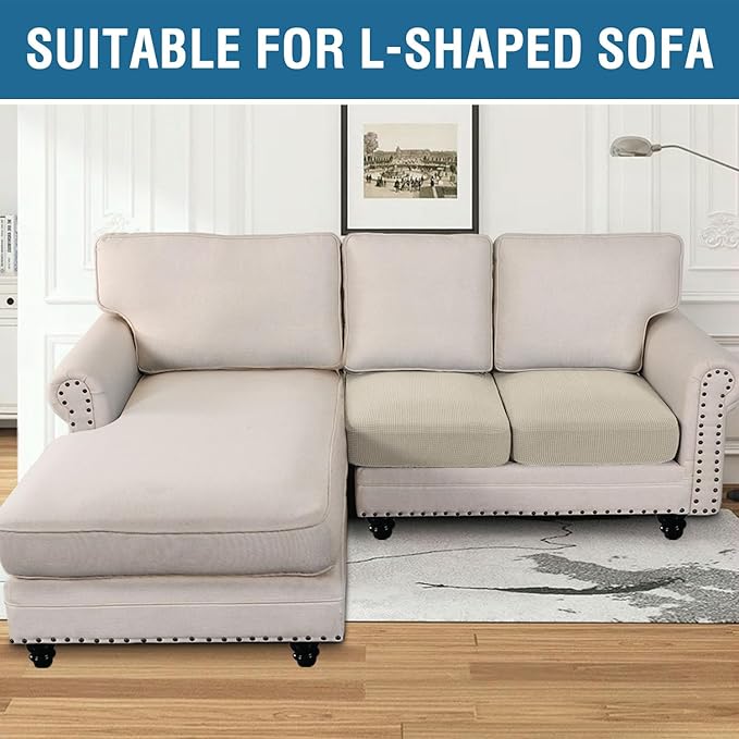 H.VERSAILTEX Super Stretch Individual Seat Sofa Covers Couch Slipcover Sets Thick Jacquard Textured Twill Fabric (2 Piece Medium Sofa Cushion Covers, Natural)