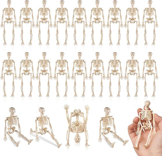 24 Pcs mini skeleton halloween decoration With hemp rope，6”small plastic posable halloween tiny skeleton figurines decor for Halloween Indoor Outdoor Graveyard Decor Haunted House Party Favors
