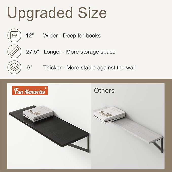 Fun Memories 27.5" W x12 D Floating Shelves, Black Wall Shelf with Brackets, 12 Inch Deep Floating Shelf Set of 2, Large Storage Kitchen Living Room Bathroom Shelves, Wood Wall Mounted Shelf