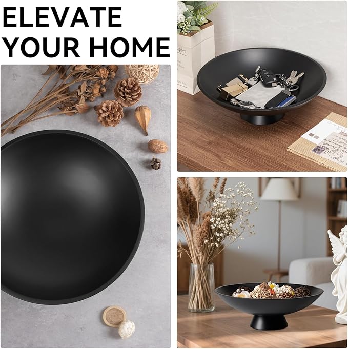 Decorative fruit bowl for Home Decor Large Modern Handicraft Key Bowl for Entryway Table Stylish Centerpiece Purse Bowl Pedestal bowl for Kitchen Counter Coffee Table(Artificial Stone Black)