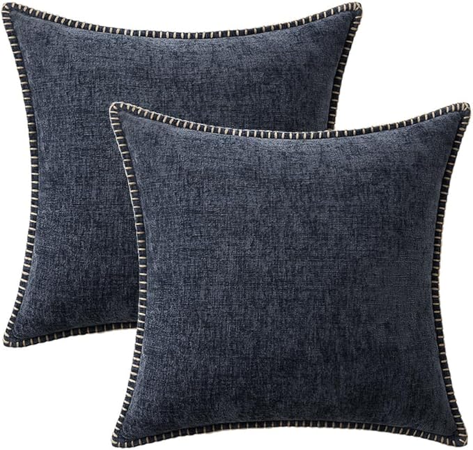MIULEE Pack of 2 Couch Throw Pillow Covers 16x16 Inch Dark Blue Farmhouse Decorative Pillow Covers with Stitched Edge Soft Chenille Solid Dyed Spring Pillow Covers for Sofa Bed Living Room