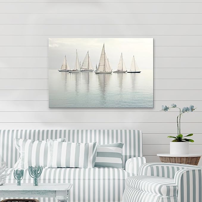 Nautical Sailing Picture Wall Art - Coastal Sailboat Canvas Ocean Ship Prints Sea Level Boat Painting Artwork for Living Room Home Office