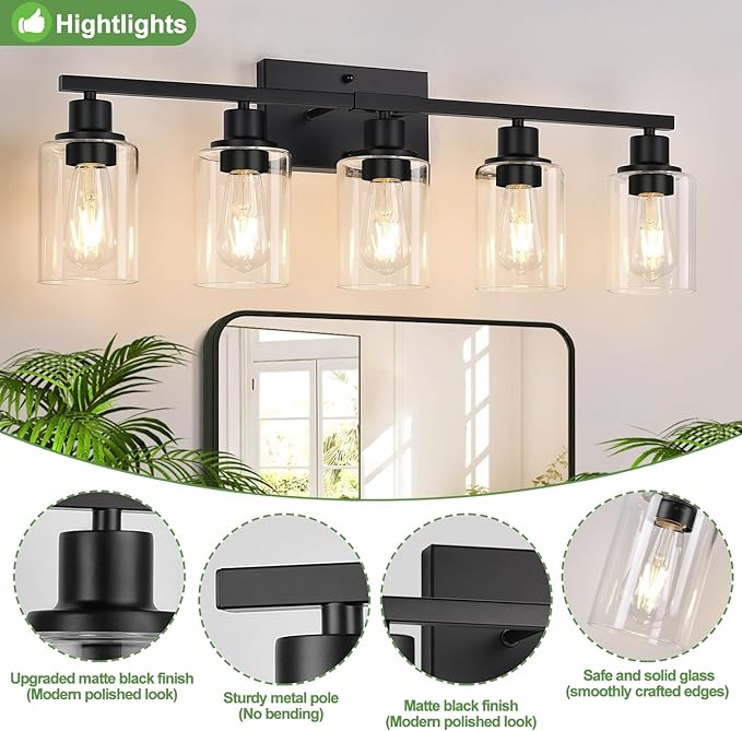 5-Light Bathroom Light Fixtures, Matte Black Modern Vanity Lights with Clear Glass Shades, Bathroom Vanity Light for Mirror Living Room Cabinet Bedroom Porch