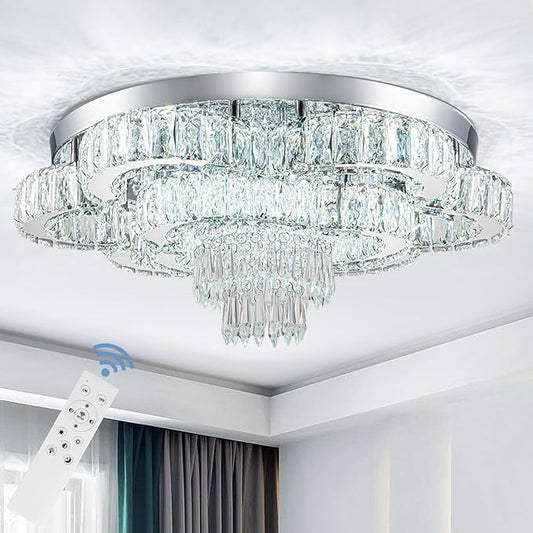 21 Inch Crystal Chandeliers with Remote Control LED Chandelier Modern Mount Flush Mount Chandelier Ceiling Light Fixtures for Bedroom Living Room Dining Room(Dimmable)