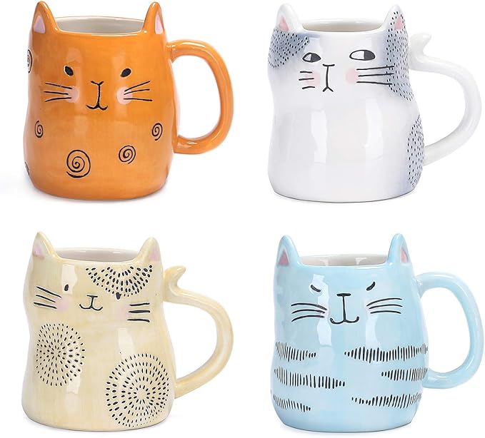 Bico Cartoon Cat Coffee Mugs Set of 4, Cute Ceramic Mugs with Unique Cats Faces, Stoneware Coffee Tea Mug Gifts for Cat Lovers, Women and Men, Microwave and Dishwasher Safe (10 oz)