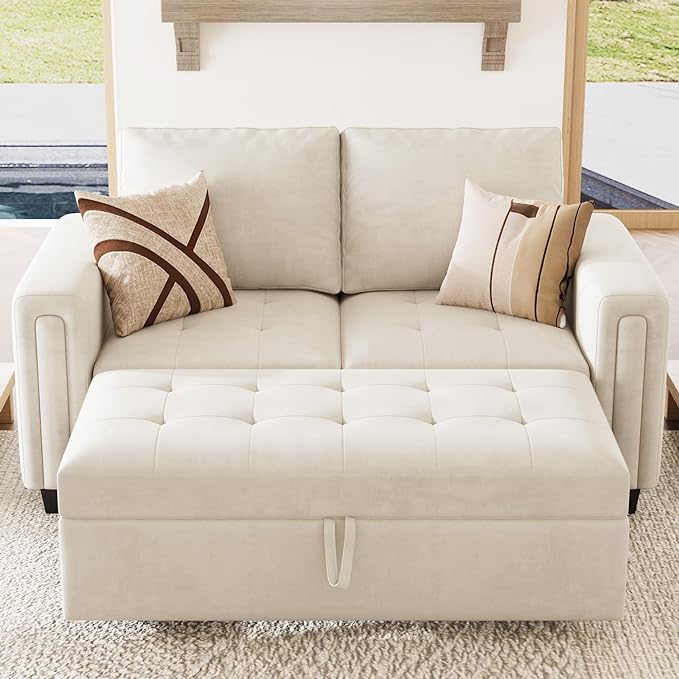 Belffin Modular Sectional Sleeper Sofa with Pull Out Couch Bed Modular Sleeper Loveseat Sectional Sofa Velvet Fabric for Living Room Apartment Beige