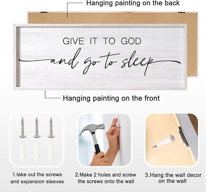 Give It to God and Go to Sleep Decorative Rustic Sign & Plaque Framed Wall Art for Couples, 40''×15'' Vintage Farmhouse Wooden Horizontal Wall Decor Above Bed, Cottagecore Wedding Gift for Bedroom