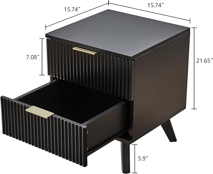 Fluted Nightstand Set of 2, Mid Century Modern 2 Drawer Dresser for Bedroom, Small Dresser Night Stand Side Table End Table with Wood Fluted Drawer Storage for Bedroom Closet(Black)