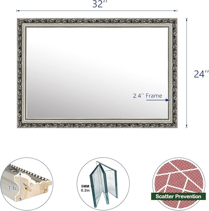 Bathroom Wall Mirror, Decorate Bathroom Mirrors for Wall, Rectangle Modern Bathroom Wall Mounted Mirror Vertical or Horizontal Hanging for Living Room (Silver Frame 32''x24'')