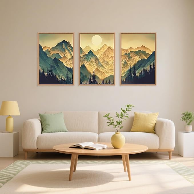 Celestdeco Mountains Forests Framed Canvas Wall Art Set, Abstract Sun Woodland Painting, Boho Scenery Sun Wall Decor, Natural Woodgrain Art Print for Living Room, Bedroom, Dining Room, Office - 16"x24"x3