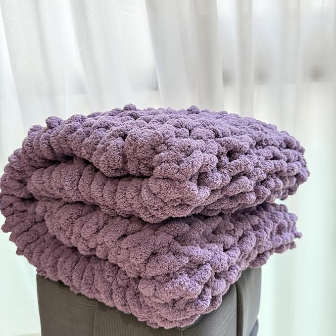 Chunky Knit Blanket Throw 48"x71", Chenille Throw Blankets, Handmade Warm & Cozy Blanket Couch Bed Home Decor, Soft Breathable Fleece Banket, Christmas for Couch Bed Sofa Best Gift (Purple)