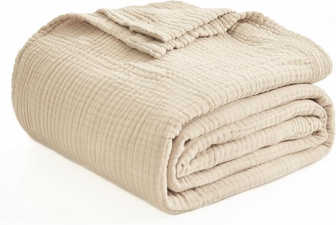 EMME Cotton Blanket Queen Size for Bed Soft Muslin Bed Blankets 90"x90" Lightweight Breathable Bedspread Coverlet All Season Gauze, Light Tan