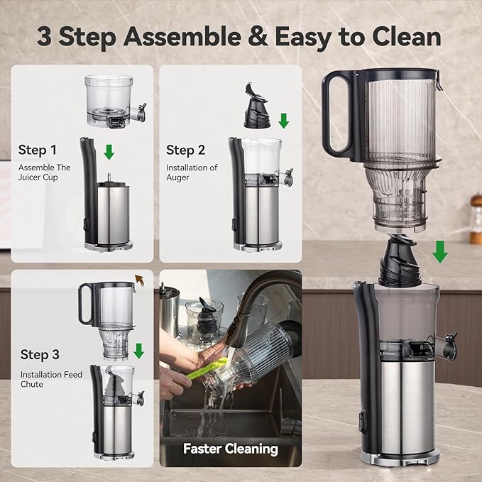 Juicer Machines, Cold Press Juicer with 5.0” Large Feed Chute Fit Whole Fruits & Vegetables, Stainless Steel Masticating Juicer With Pulp Seperation, 99% Juice Purity, 200W Quiet Motor, Easy to Clean