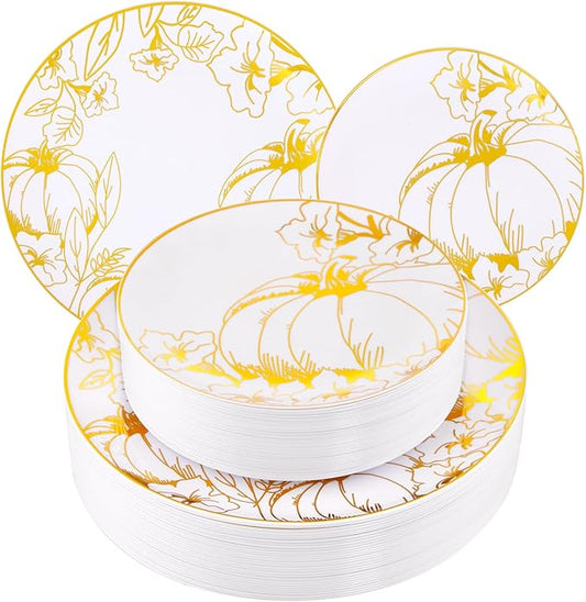 FLOWERCAT 60PCS Thanksgiving Plates & Gold Pumpkin Plates - Including 30PCS 10.25inch Thanksgiving Dinner Plates and 30PCS 7.5inch Thanksgiving Dessert Plates for Giving Thanks Theme Party