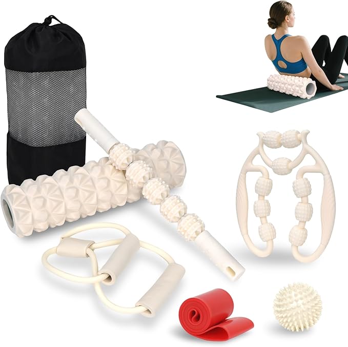 7 in 1 Foam Roller,Products Include Foam shafts,Muscle Roller Bars,Leg Massagers,Fascia Balls,Stretch Bands,8-Shaped Resistance Bands,are Used for Full-Body Relax,Yoga(White Pink Blue) (White)