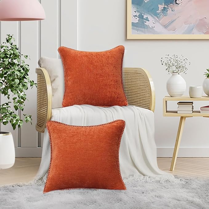 decorUhome Fall Chenille Soft Throw Pillow Covers 22x22 Set of 2, Farmhouse Velvet Neutral Decorative Euro Pillow Covers with Stitched Edge for Couch Sofa Bed Home Decor, Rust