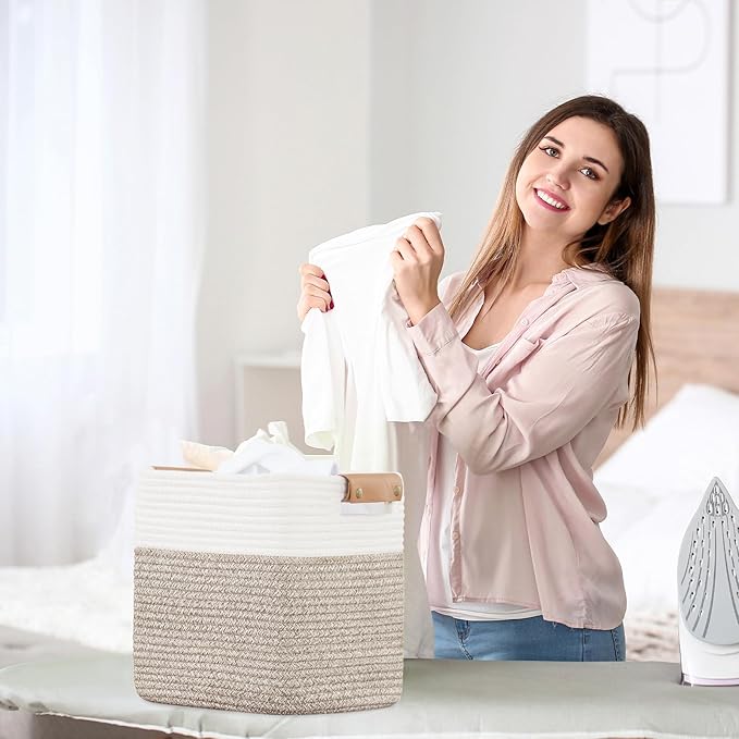 danpinera 11 Inch Storage Baskets, Woven Baskets for Organizing, 3 Pack Storage Cubes for Shelves, Closet, Nursery with Removable Leather Handles, White & Mixed Brown