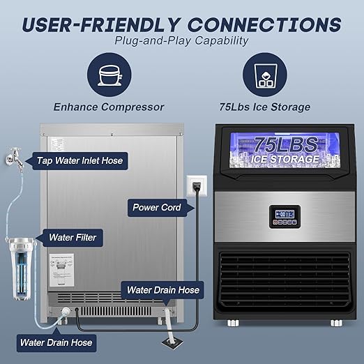 Commercial Ice Maker Machine 300LBS/24H with 75LBS Storage Bin, Stainless Steel Undercounter/Freestanding Ice Maker Machine for Home Bar Outdoor, 108PCS Ice Cubes Ice Machine, Self Cleaning