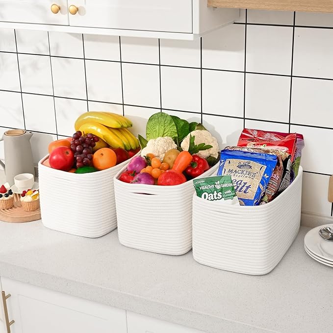 3-Pack Shelf Baskets for Organizing, Woven Storage Basket for Shelves, Cotton Rope Storage Bins for Toys Books, Nursery Towel Baskets for Classroom, 14.96"X9.8"X8.85", White