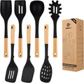Silicone Kitchen Utensil Set for Non Stick Cookware, 7 Pcs Heat Resistant Cooking Utensils with Wooden Handle, BPA Free Kitchen Tools with Spatulas, Spoons, Skimmer and Pasta Fork (BLACK)