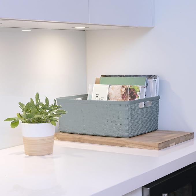 Curver Jute Decorative Plastic Organization and Storage Basket Perfect Bins for Home Office, Closet Shelves, Kitchen Pantry and All Bedroom Essentials, (Set of 6), Grey, Medium