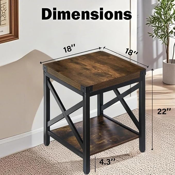 End Table Large Side Table for Living Room, Rustic Farmhouse End Tables with 2-Tier Storage, Square Nightstand Bedside Table X-Design Metal Frame, Brown (Wind, Brown)