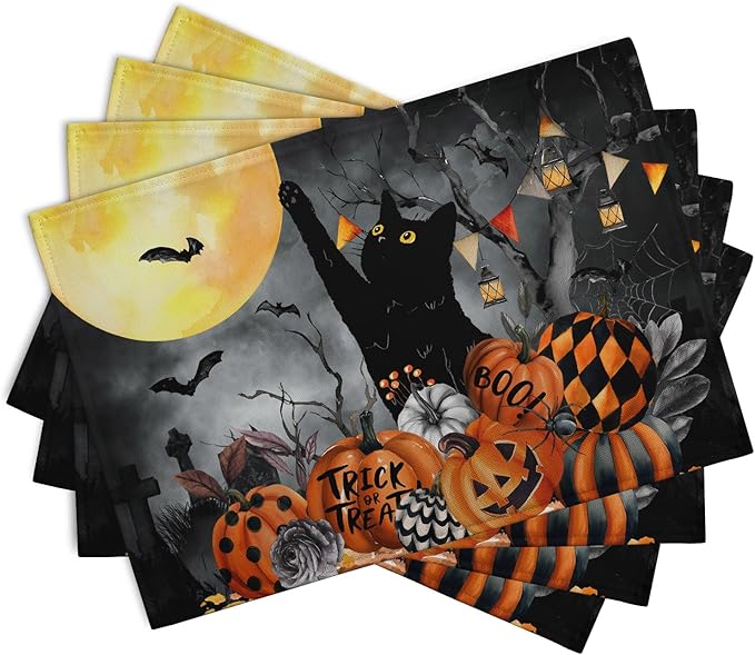 Black Cat Halloween Placemats Set of 4 Spooky Pumpkin Boo Bat Moon Horror Place Mats 12x18 Inch Seasonal Washable Linen Table Mat for Party Kitchen Dining Outdoor Indoor Decor