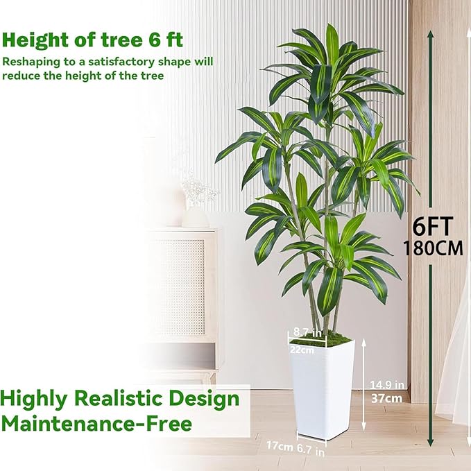 Artificial Dracaena Tree Artificial Silk Tree Faux Tree Fake Tropical Yucca Floor Plant with White Tall Planter (1, White Tall Planter, 6FT)