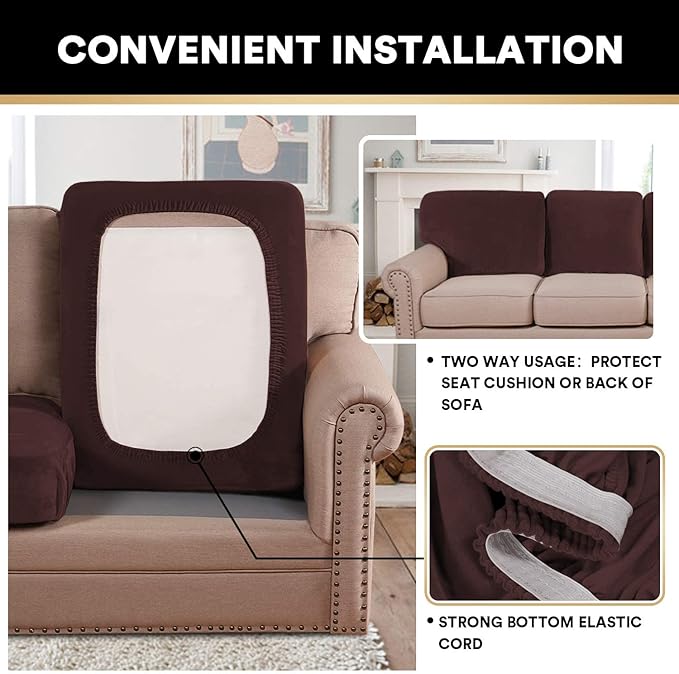 PrinceDeco Velvet Couch Cushion Covers 3 Pieces Velvet Separate Couch Cover Stretch Sofa Slipcover Washable Furniture Protector for Sectional Sofa Each Width Up to 40", Brown
