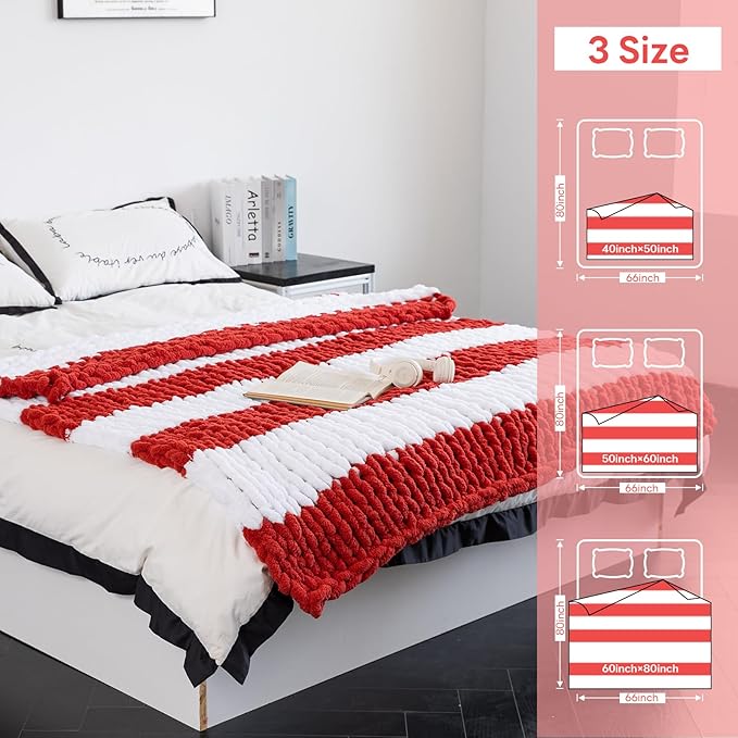 Chunky Knit Blanket - Luxury Soft Cozy 60 * 80 Throw Blanket,100% Woven Blanket Rope Knot Throw Blanket for Couch, Sofa, Home Decor, Gift - Machine Washable（White/Wine red）