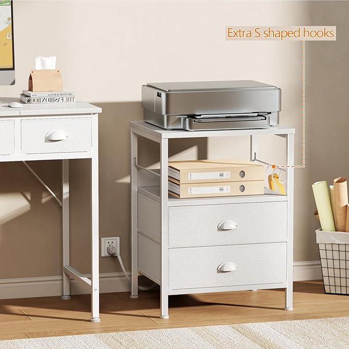 Furologee Night Stand with Charging Station, Bedside Table with Fabric Drawers, End Table with USB Ports & Outlets, White Nightstand with Storage Shelf & Hooks, for Living Room/Bedroom, White