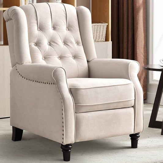 CANMOV Push Back Recliner Chair,Accent Chair,Mid Century Wingback Recliner, Fabric Push Back Recliner Chair Single Armchair Sofa with Rivet Decoration, Button-Tufted Back for Living Room, White