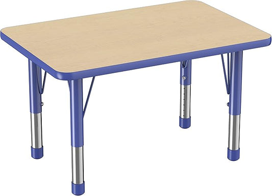 FDP Rectangle Activity School and Classroom Kids Table (24 x 36 inch), Chunky Toddler Leg, Adjustable Height 15-24 inches - Maple Top and Blue Edge
