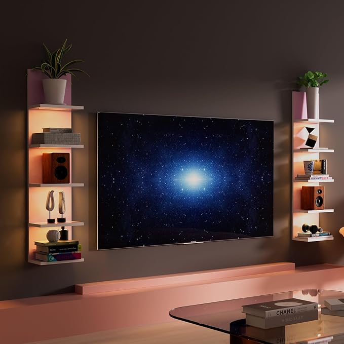 5 Tier Wall Shelf Unit,Modern Vertical Lack Wall Shelves with Light, Wall Mount, Floating Column Home Decor Shelves for Bedroom, Living Room, Vanity Storage Display(Pink)