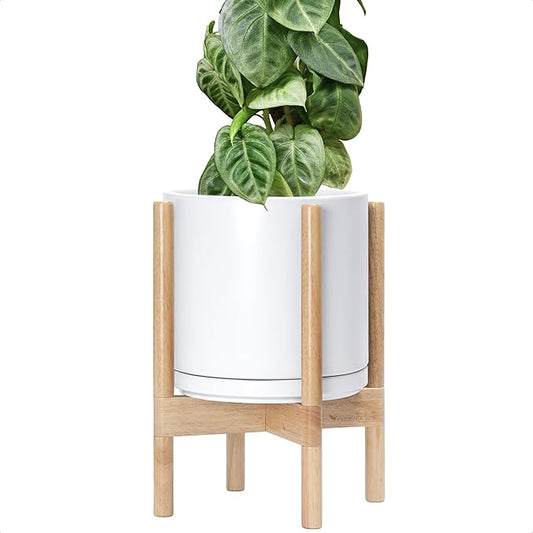 D'vine Dev Ceramic Planter with Natural Stand - 10 Inch Modern Round Flower Pot with Wood Planter Holder, White, 55-B-K-1