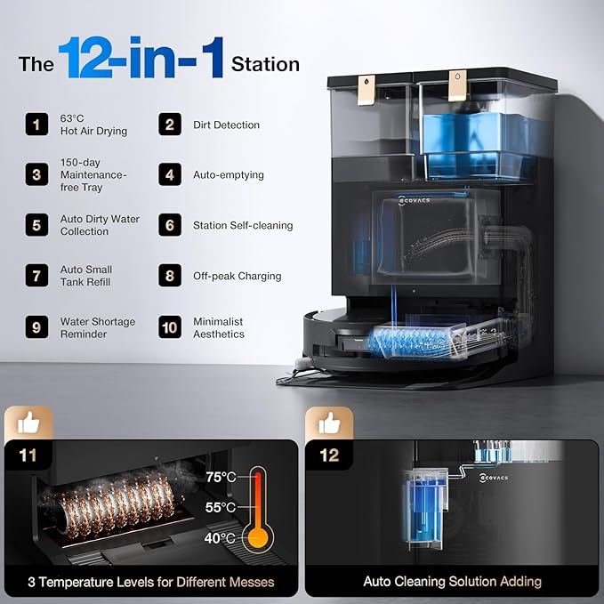 ECOVACS DEEBOT X8 PRO OMNI Robot Vacuum and Mop, 18000Pa, OZMO ROLLER Instant Self-Washing Mopping, 167℉ Hot Water Mop Washing, Auto Cleaning Solution Adding, Hot Air-Drying, Self-Emptying, Black
