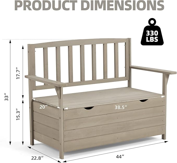 AVAWING Outdoor Storage Bench, Wooden Garden Bench Weatherproof, Patio Benches for Outside, 2-Seat Front Porch Bench, Park Bench for Deck, Lawn, Backyard (Light Gray)
