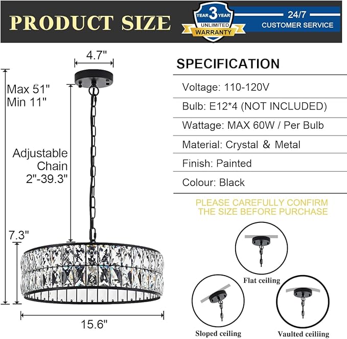 16” 4-Light Modern Crystal Chandeliers Black Dinning Room Light Fixture, Round Pendant Light Kitchen Island Chandelier, Flush Mount Ceiling Light for Living Room Entryway Bedroom Foyer