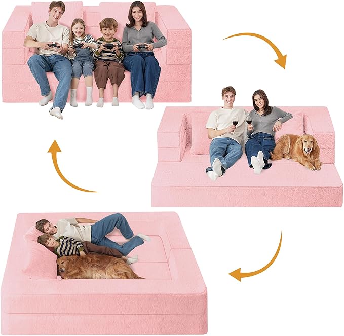 Folding Bean Bag Chair for Adults,3-in-1 Bean Bag Couch Faux Fur Floor Sofa Large Beanbag Convertible Bean Bag Sofa Bed with Pillow in Bedroom,Living Room,Apartment(Queen,Pink)