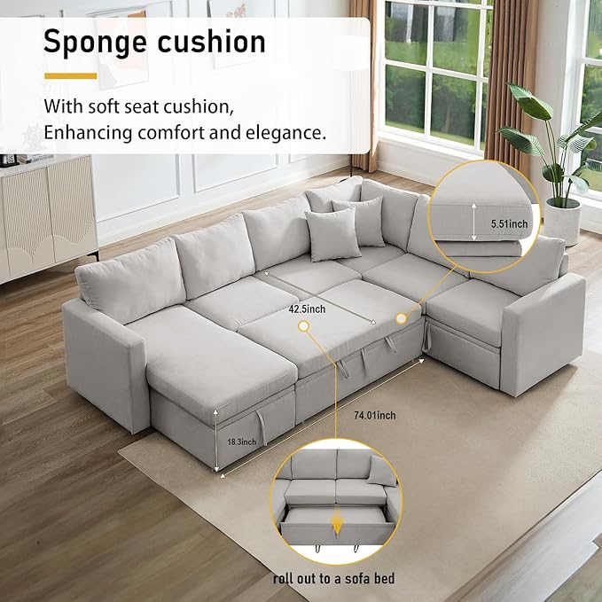 7 - Seater Sofa Bed, Large U - Shaped Modular Sectional Sofa, Oversized Pull - Out Sleeper with Storage for Living Room, Light Grey