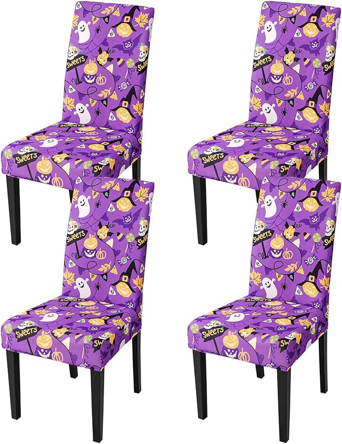 JQinHome Purple Halloween Chair Slipcover, Spider Web Chair Covers Set of 4, High Stretch Washable Chair Protector Cover for Dining Room, Kitchen,Home Party,Wedding Ceremony(Purple Candy,4PC)