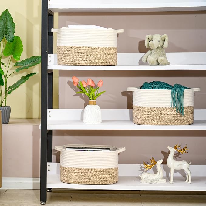 Cotton Rope Woven Storage Basket, Used for Baby Hamper Toy Organizer, Gift Baskets Empty,Kids Laundry Basket,Baby Blanket Basket. Size 15x10x8.7 Inches. (White&Brown-3PCS)