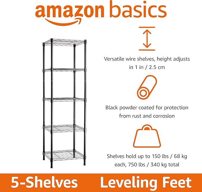 Amazon Basics 5-Shelf Tower Adjustable Storage Shelving Unit, Black, 16 D x 16 W x 54 H in