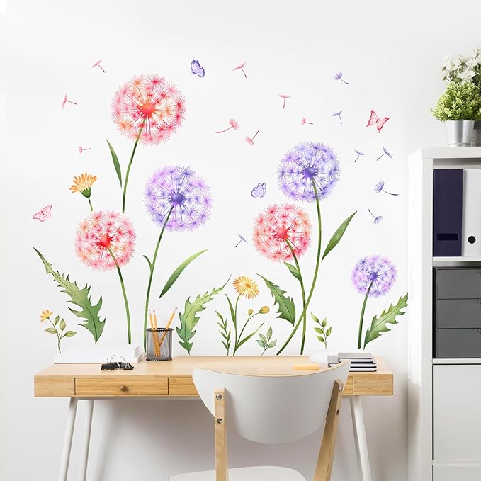 Dandelion Flower Butterfly Wall Decals Pink Purple Dandelion Plants Wall Stickers Peel and Stick Vinyl Wall Art Decor for Living Room Bedroom Office TV Sofa Backdrop Home Decor Gifts for Mom