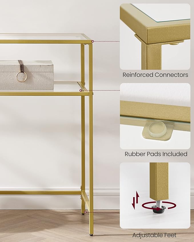 VASAGLE 39.4 Inch Console Sofa Table, Modern Entryway Table, Tempered Glass Table, Metal Frame, 2 Shelves, Adjustable Feet, for Living Room, Hallway, Gold Color ULGT025A01