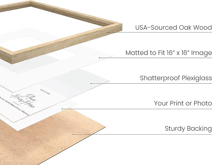 HAUS AND HUES Solid Oak 20”x20” Picture Frame Matted to 16”x16” - 20x20 Square Photo Frame, Beige 20x20 Picture Frame with Mat, 20 x 20 Frame Picture Frames for Wall (Beige Oak Frame)