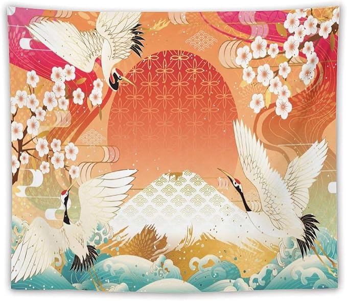 HZOHNAGO Japanese Tapestry Cherry Blossom Crane Sea Wave Fuji Mountain Red Sun Pattern Printed Wall Tapestry Painting Wall Hanging for Bedroom Living Room Dorm 60" W x 50" H